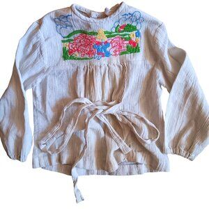 Sz 6 Vintage 70's Peasant Top Girls White Embroidered Belt Textured Cotton Hippy